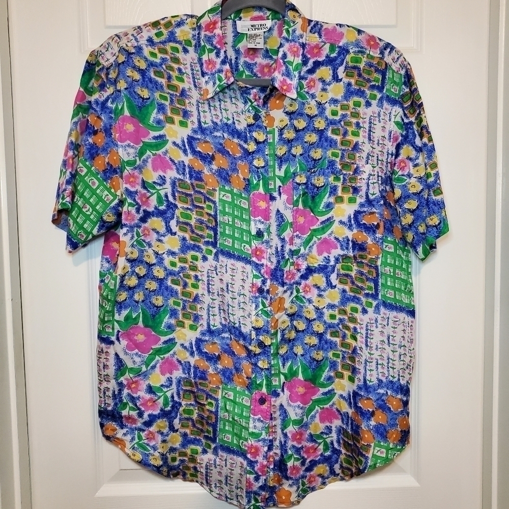 Vintage Metro Express Silk Colorful Patchwork Print Blouse Women’s Size Medium